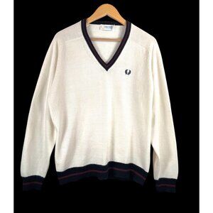 Fred Perry Cable Knit Sweater V Neck Sweater Cream preppy 90s sz L